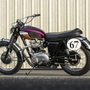 Restaurierte Triumph Bonneville TT Special von 1967 mit auberginefarbenem Tank, Edelstahl-Kotflügeln und Startnummer 67 vor einer Blechwand