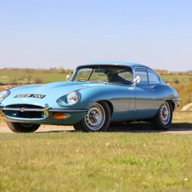 Jaguar E-Type 4.2 Series 2 Fixed Head Coupé von 1969 in Light Blue auf einer Wiese