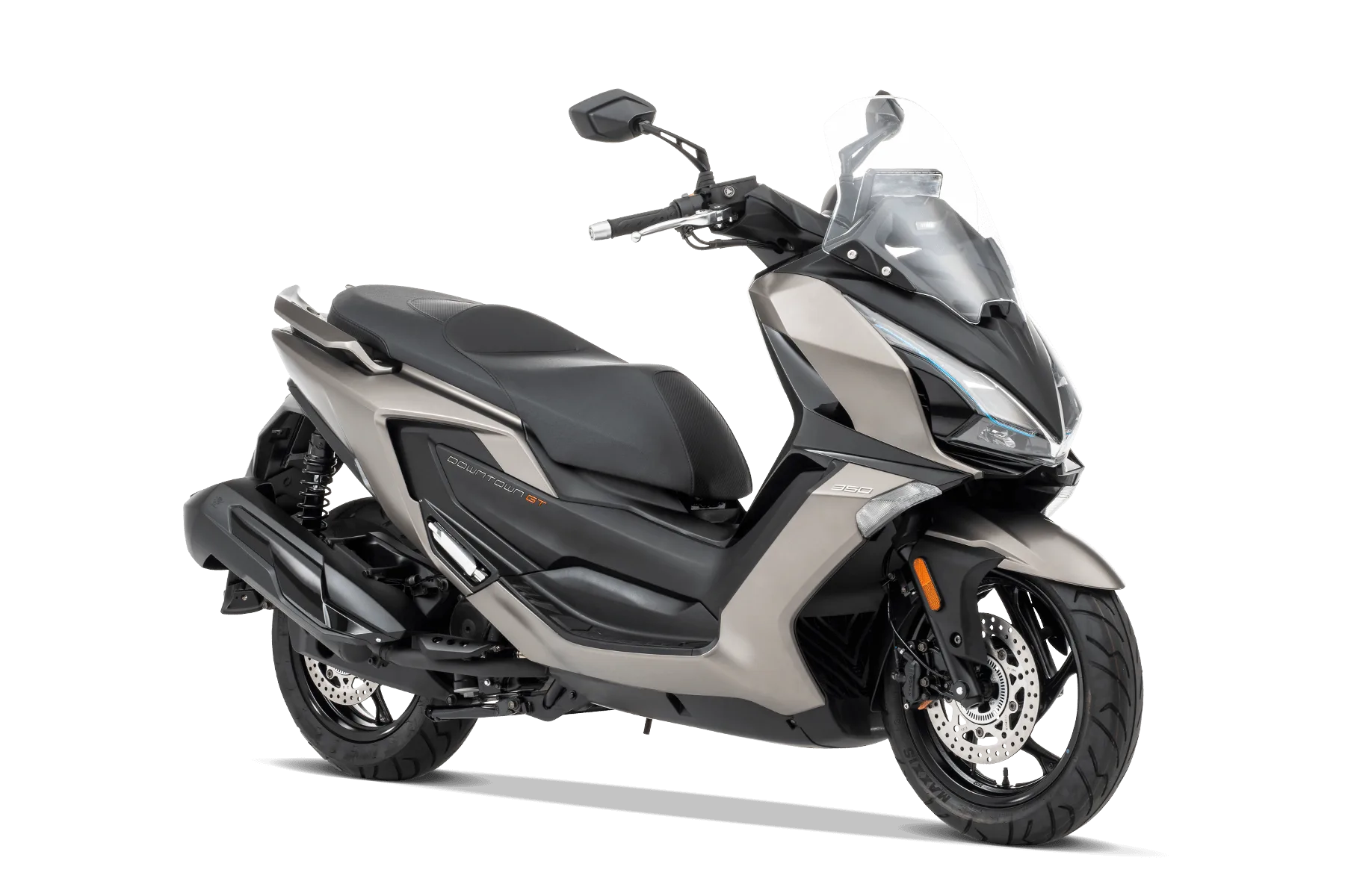 Kymco Downtown GT 350i TCS Maxiscooter in matt quarzgrau, seitlich fotografiert, mit markanter Front und ergonomischer Sitzbank.