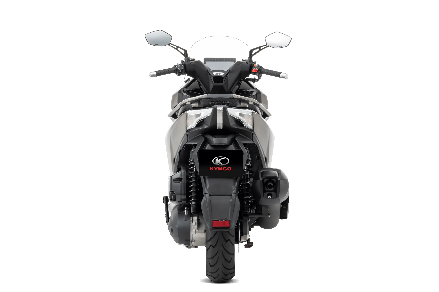 Heckansicht des Kymco Downtown GT 350i TCS Rollers in mattgrau mit sichtbarem Kennzeichenhalter und Rückleuchten.
