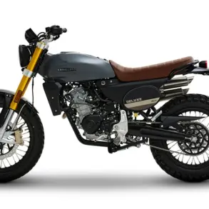 Fantic Caballero 125 Deluxe in Seitenansicht mit schiefergrauem Tank, brauner Sitzbank und markanter Scrambler-Optik