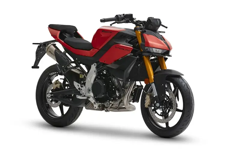 Fantic Stealth 500 Red/Yellow Seitenansicht, sportliches Naked Bike mit roten und gelben Akzenten