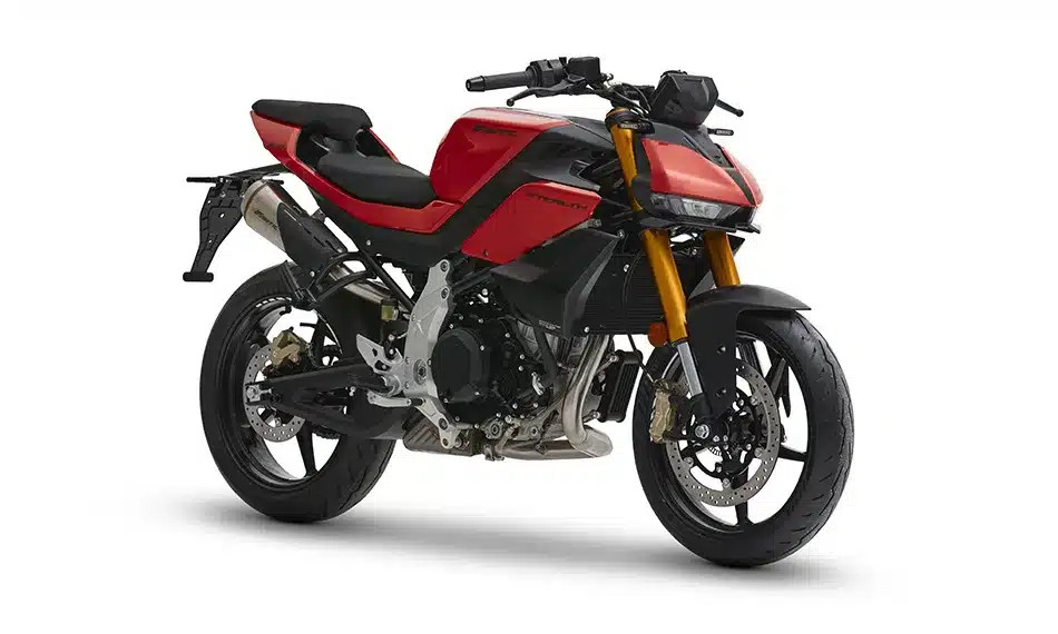 Fantic Stealth 500 Red/Yellow Seitenansicht, sportliches Naked Bike mit roten und gelben Akzenten