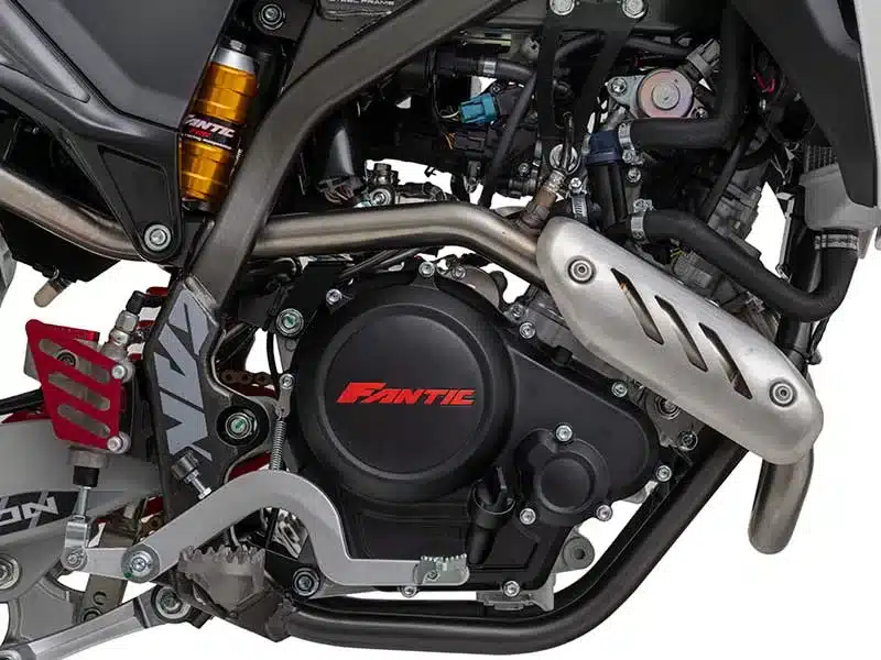 Motor und Antriebseinheit der Fantic XEF 125 Competition Enduro-Motorrad.