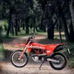Rote GASGAS ES 700 Enduro stehend auf einem Waldweg, seitliche Ansicht.