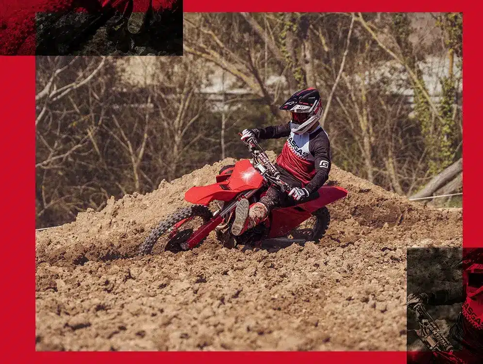 Motocross-Fahrer auf einer GasGas MC 250F 2026 fährt durch eine Kurve auf einer staubigen Strecke.