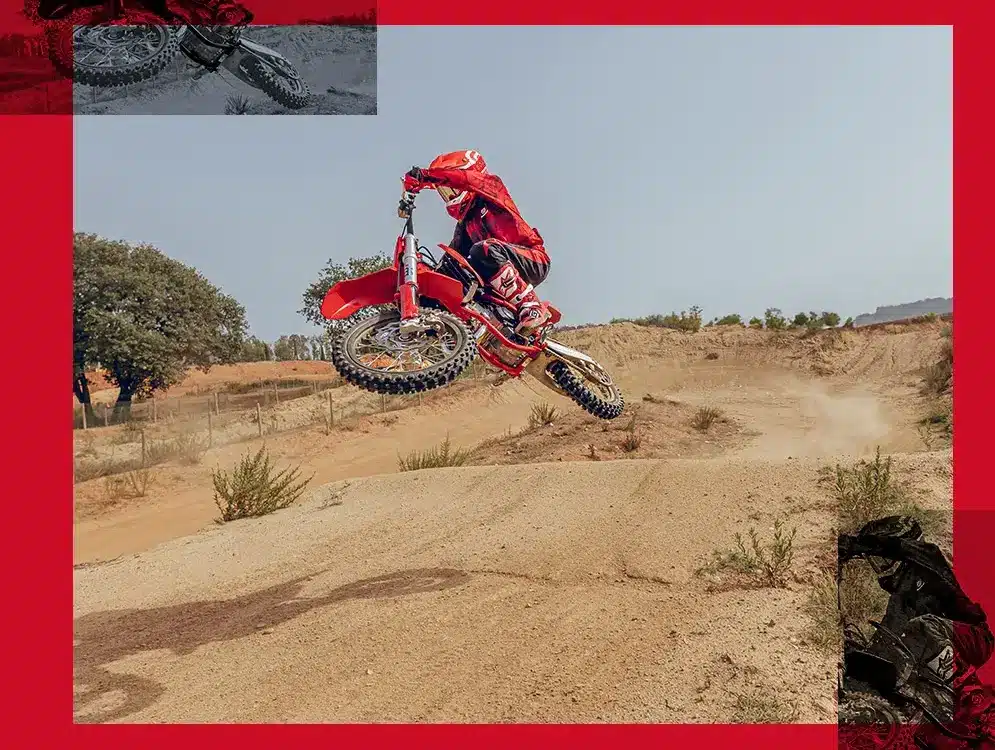 GasGas MC 65 2026 Motocross-Motorrad mit Fahrer beim Sprung auf Offroad-Strecke
