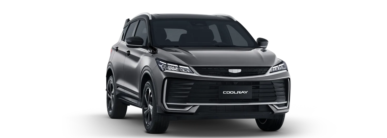 Geely Coolray kompakter SUV, Frontansicht mit markantem Design und LED-Leuchten.