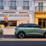 Geely EX2 Elektroauto geparkt in einer Stadt, Frau mit Hund und Luftballons spaziert vorbei