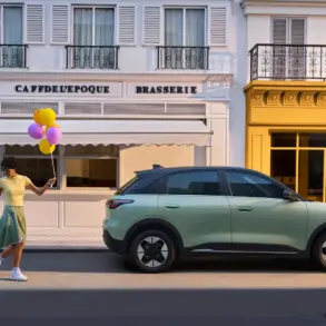 Geely EX2 Elektroauto geparkt in einer Stadt, Frau mit Hund und Luftballons spaziert vorbei