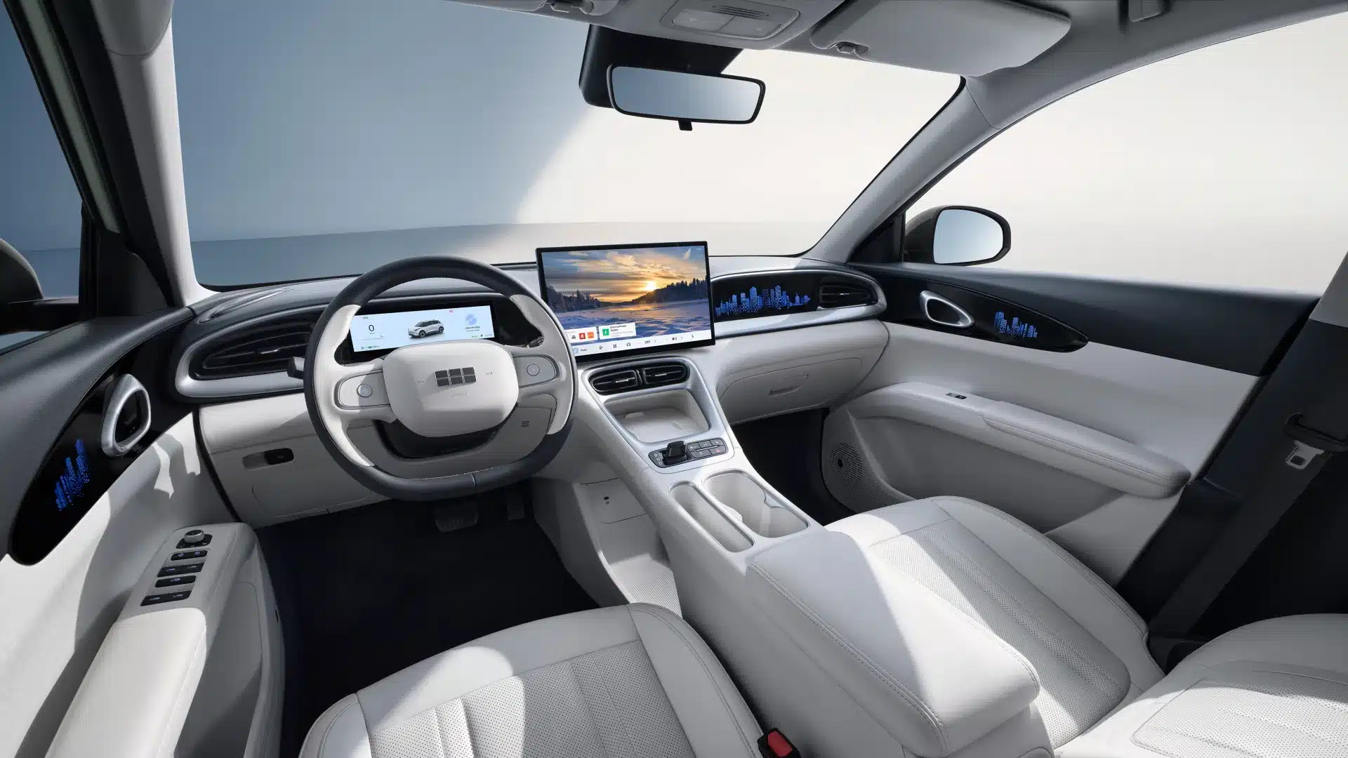 Innenansicht des Geely EX2 mit digitalem Cockpit und Leder-Sitzen