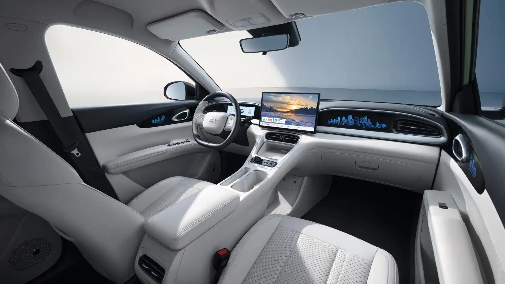 Hochwertiger Innenraum des Geely EX2 mit großem Touchscreen, digitalen Anzeigen und hellem Sitzkomfort