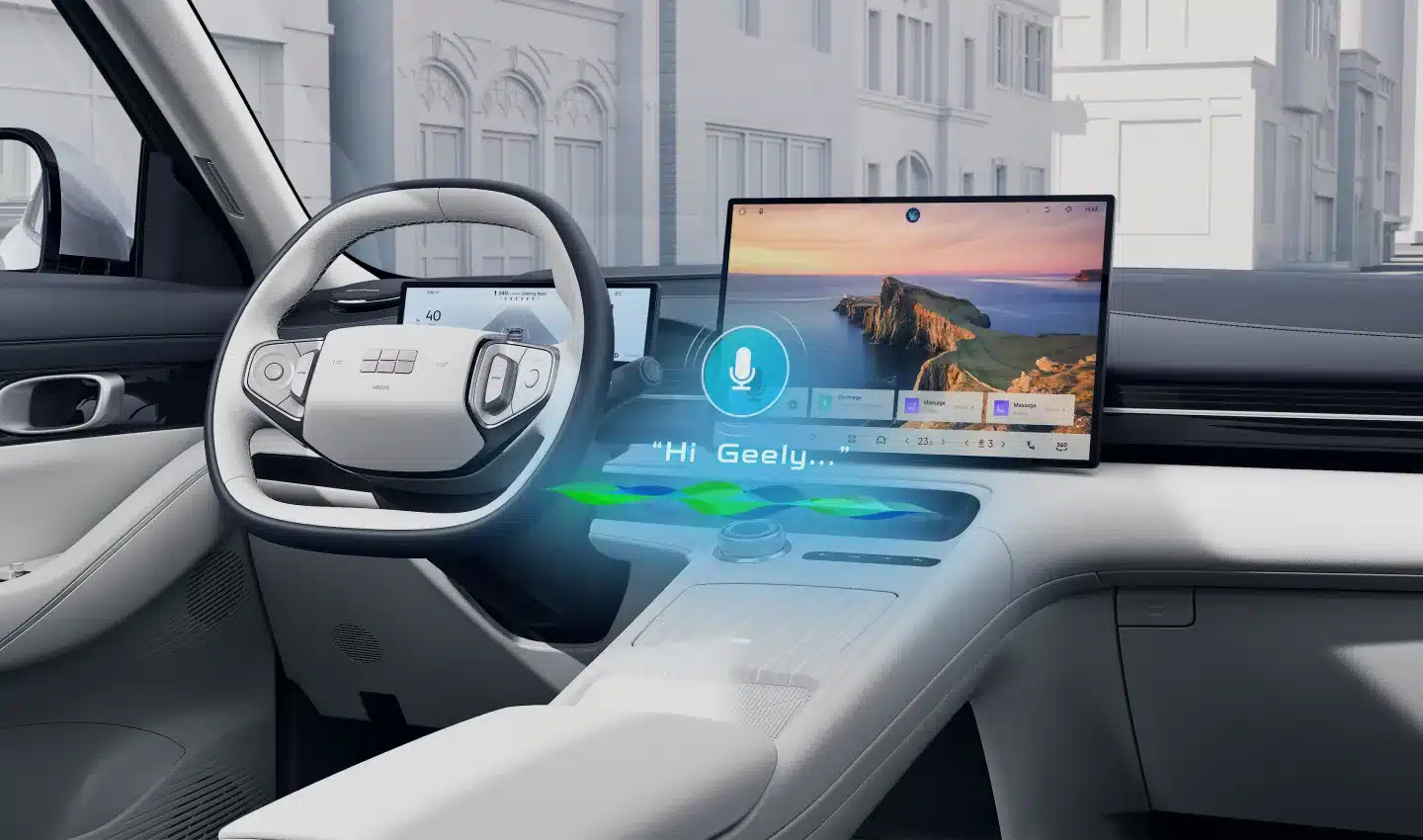 Digitales Cockpit und Interieur des Elektro-SUV Geely EX5 mit großem Display und Sprachassistent.