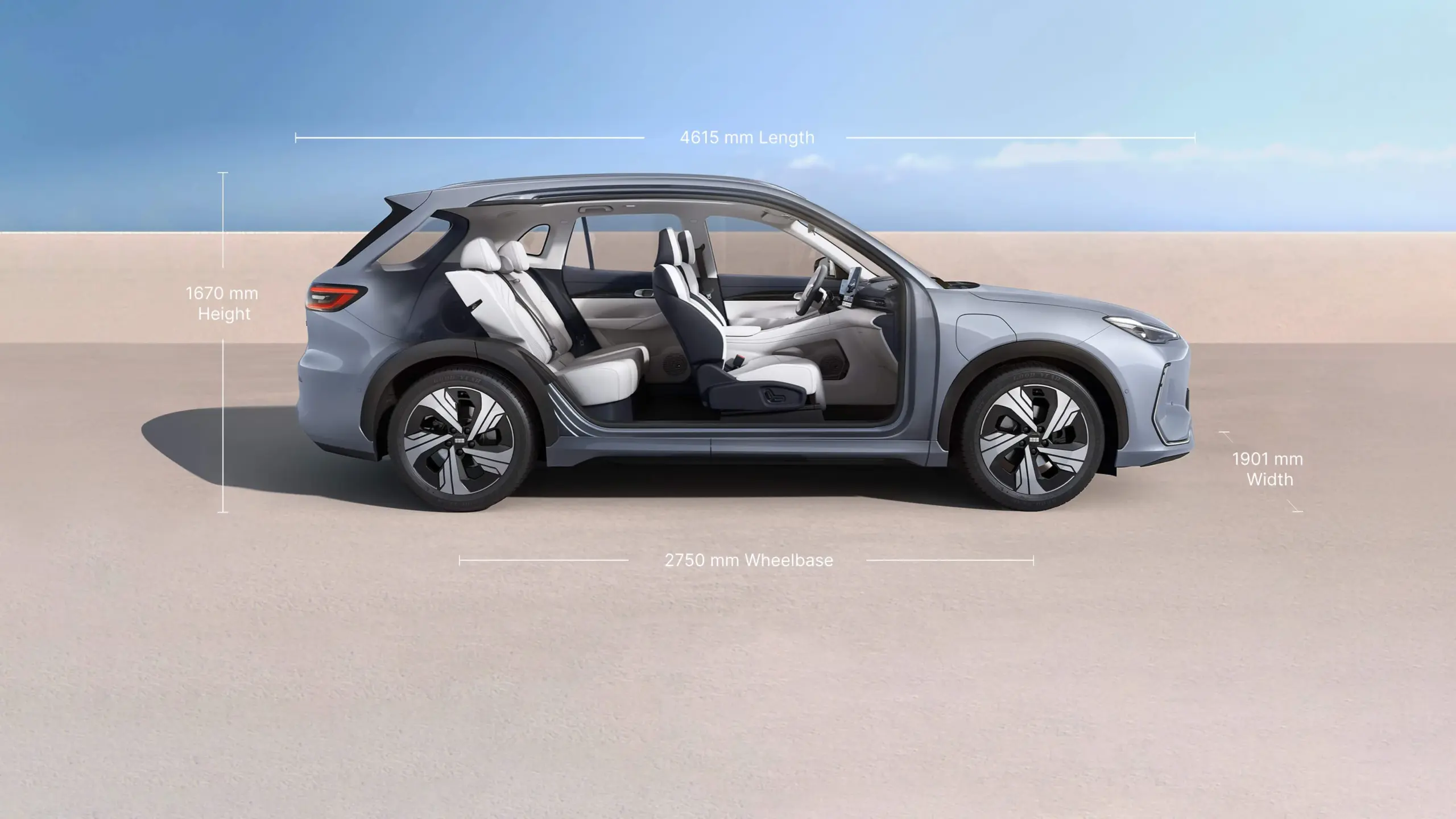 Geely EX5 SUV in Seitenansicht mit sichtbarem Innenraum und grafischen Angaben zu Länge, Breite, Höhe und Radstand.