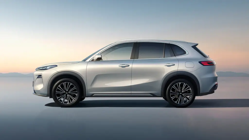 Geely EX5 EM-i SUV in silberner Lackierung, seitliche Ansicht vor Sonnenuntergang.