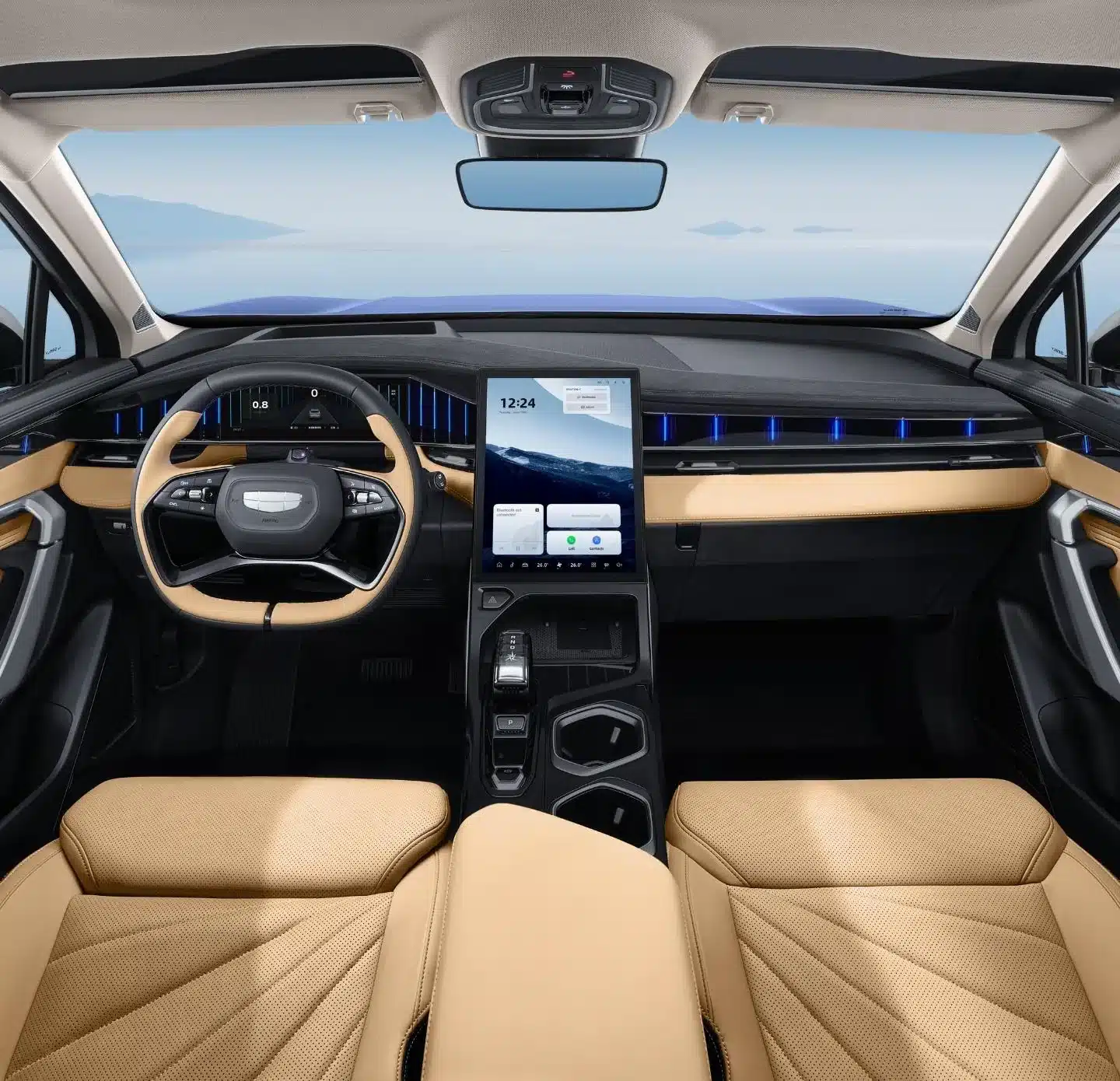 Der Innenraum des Geely Starray mit digitalem Cockpit, großem Touchscreen und beigen Ledersitzen.