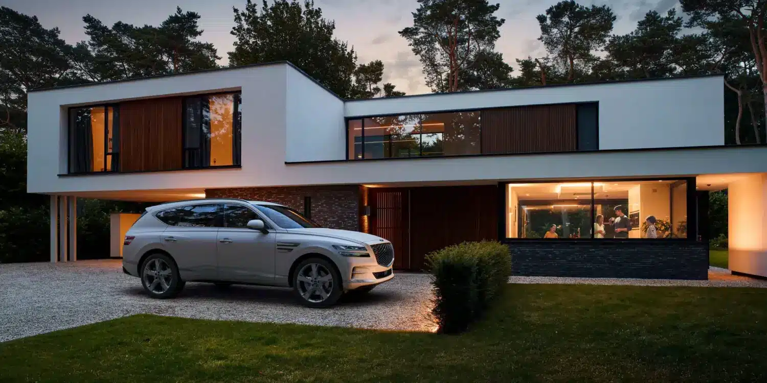 Ein silberner Genesis GV80 steht vor einem modernen Wohnhaus, im Hintergrund leuchtet warmes Licht aus den Fenstern.