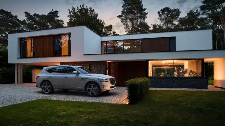 Ein silberner Genesis GV80 steht vor einem modernen Wohnhaus, im Hintergrund leuchtet warmes Licht aus den Fenstern.