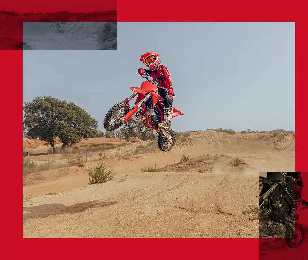 GasGas MC 50 2026 Motorrad mit Kind auf Motocross-Strecke im Sprung