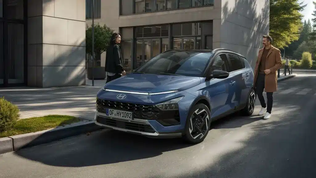 Hyundai BAYON als blauer Crossover-SUV geparkt in einer modernen Stadtumgebung mit zwei Personen.
