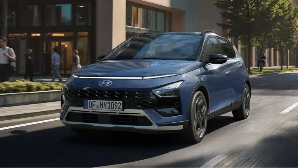 Hyundai BAYON in blauer Lackierung fährt auf einer Straße in der Stadt.
