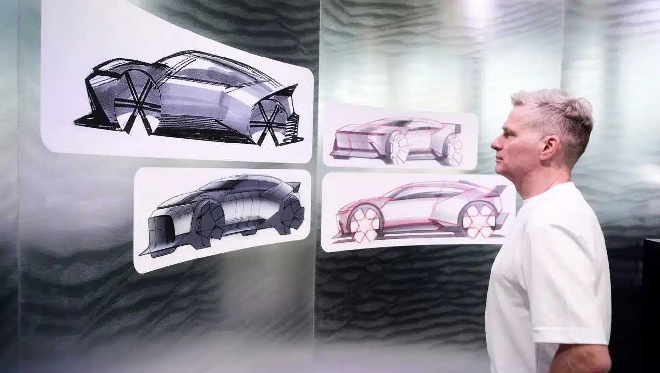 Designer betrachtet Skizzen vom Hyundai Concept THREE an einer Wand.