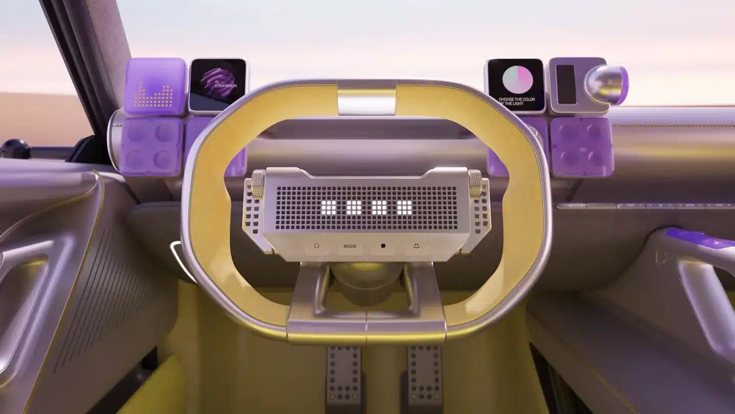 Futuristisches Cockpit des Hyundai Concept THREE mit modularen Elementen und besonderem Lenkrad-Design.