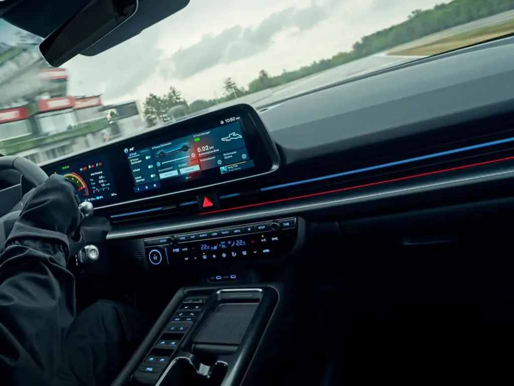 Innenraum des Hyundai IONIQ 6 N mit modernem Display und Fahrer auf Teststrecke