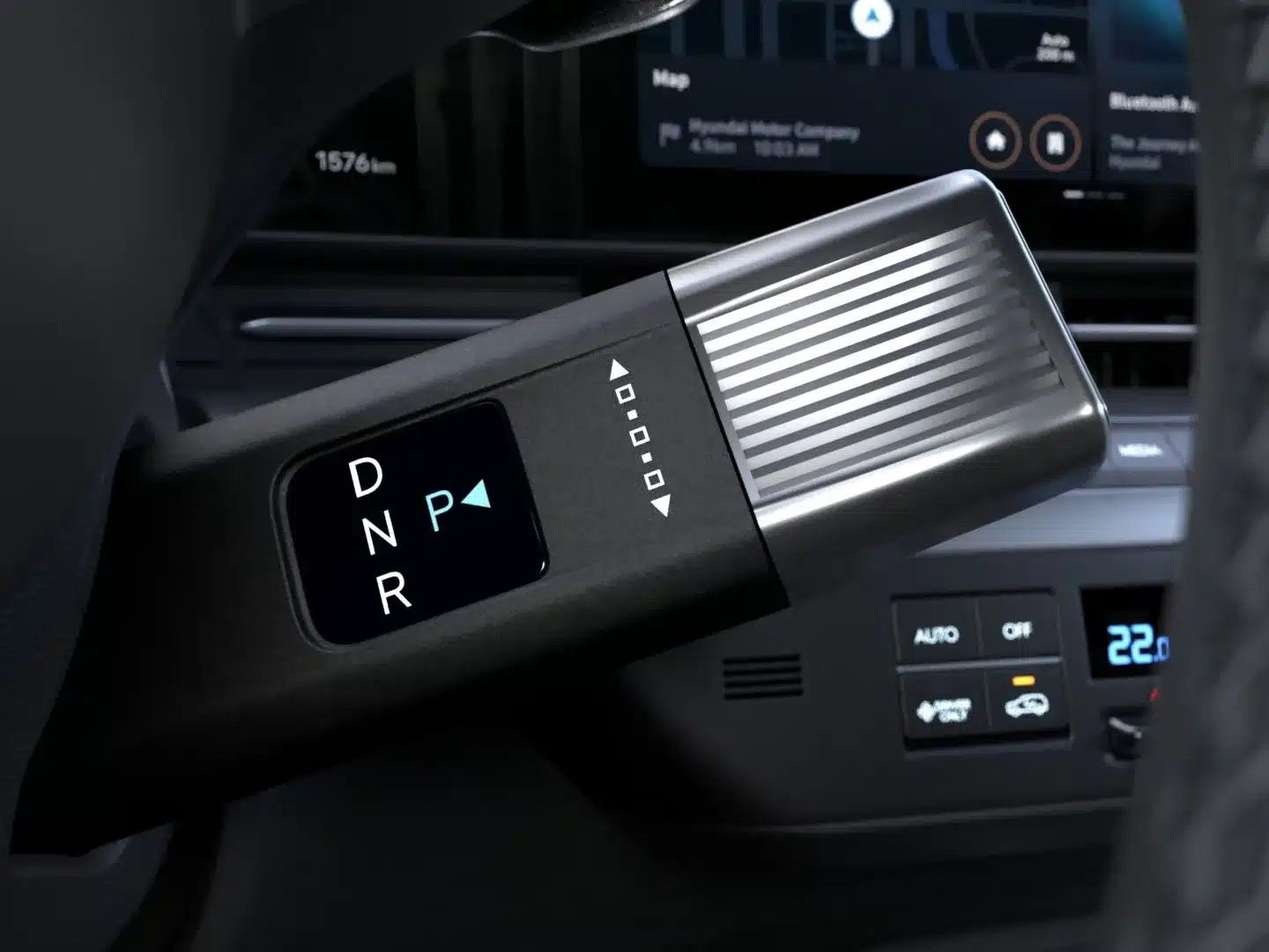 Detailanzeige des elektronischen Gangwahlhebels im Hyundai KONA Hybrid.