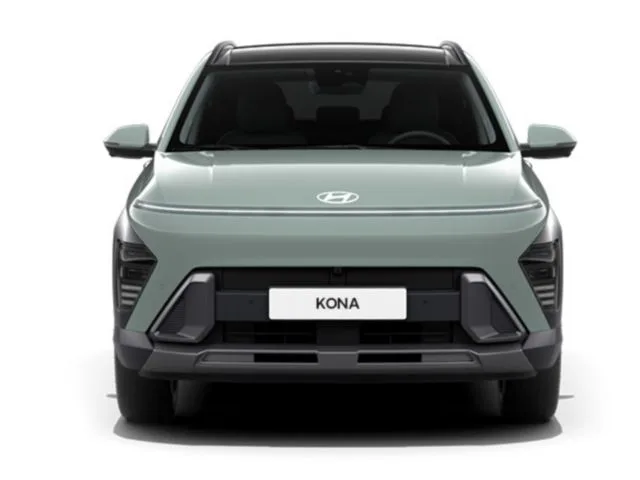 Hyundai KONA in Frontansicht, grüner Kompakt-SUV mit unverwechselbarem Lichtdesign.