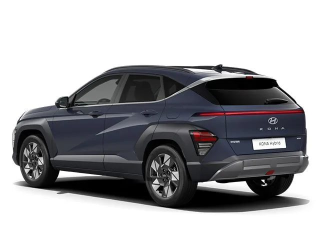 Hyundai KONA Hybrid von hinten in Dunkelblau, moderner SUV mit markanten Lichtbändern und sportlichem Design