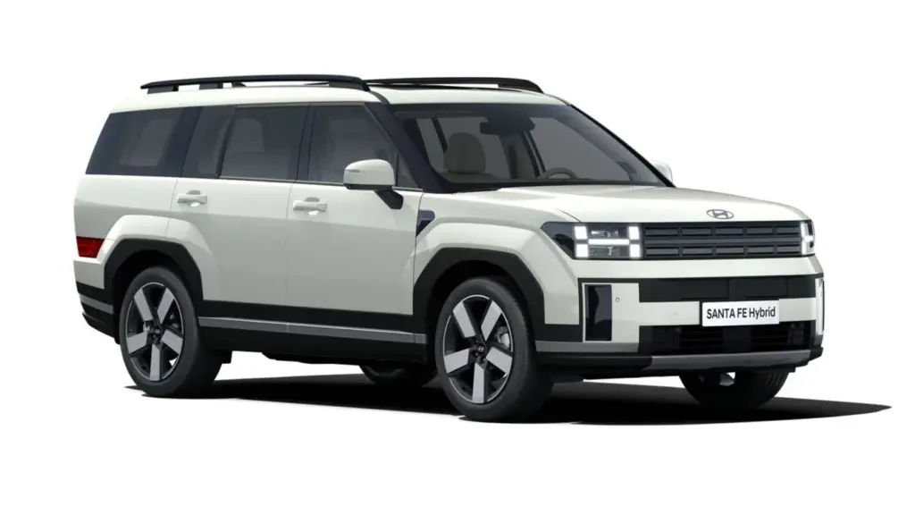 Hyundai Santa Fe Hybrid in Weiß, Seitenansicht des großen SUV-Modells.