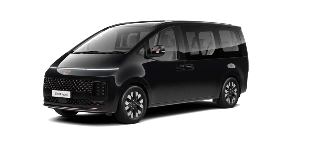 Hyundai STARIA Hybrid in schwarzer Lackierung, Seiten- und Frontansicht, modernes Van-Design