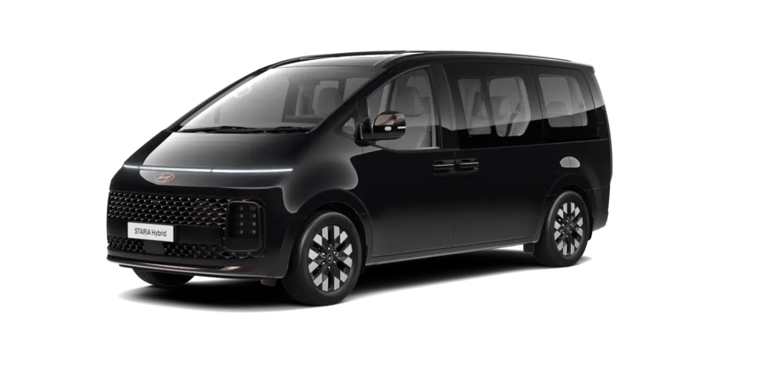 Hyundai STARIA Hybrid in schwarzer Lackierung, Seiten- und Frontansicht, modernes Van-Design