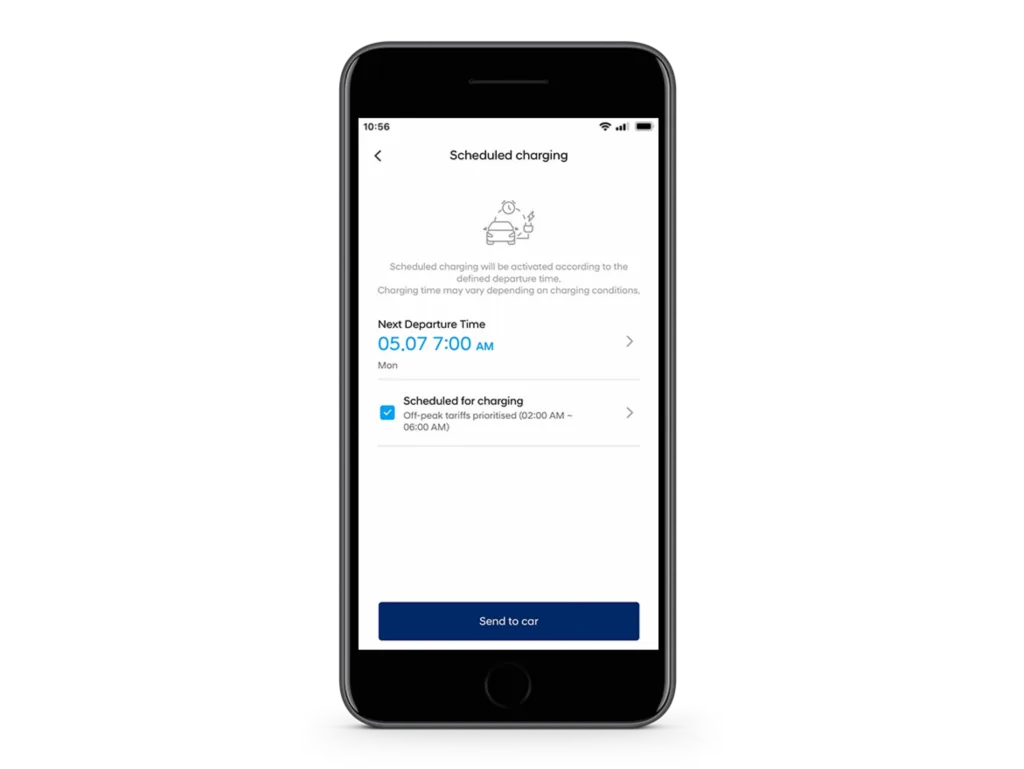 Smartphone mit Ladeplanungsansicht der Hyundai Bluelink-App für den Tucson Plug-in-Hybrid.