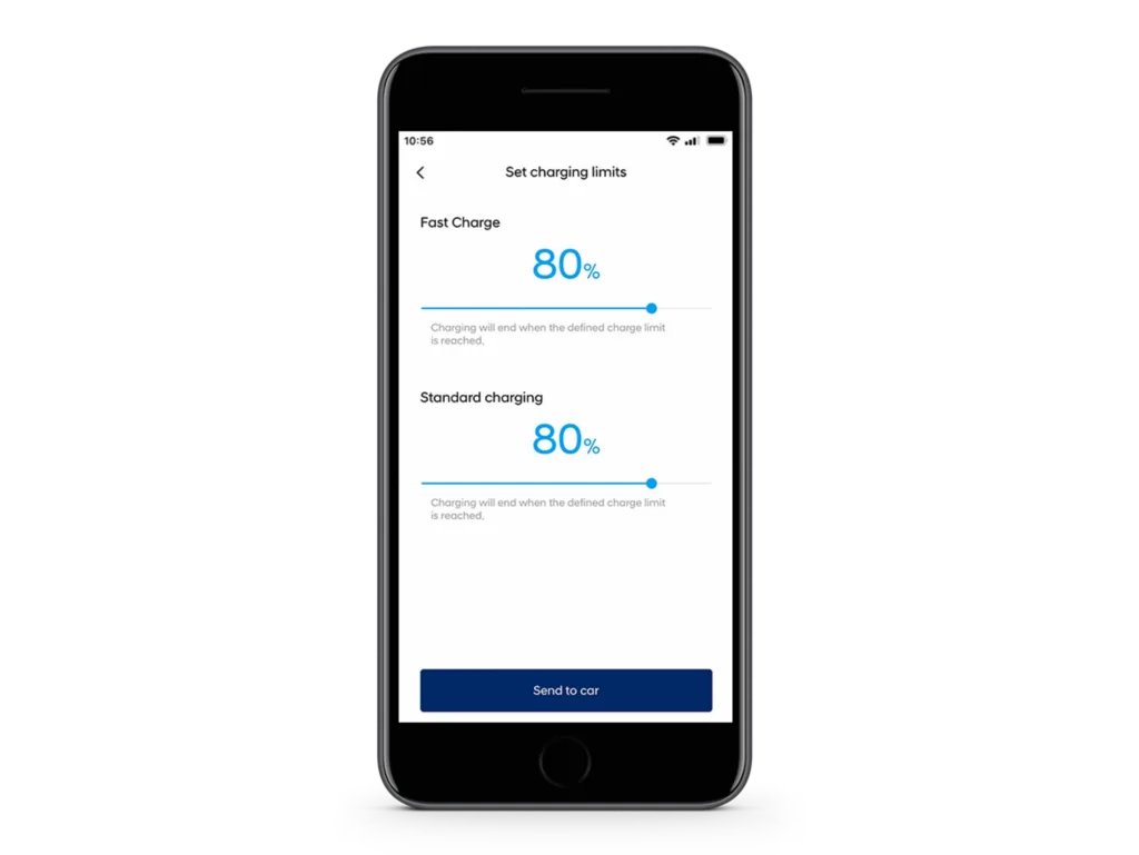 Smartphone mit Anzeige der Ladegrenzen für den Hyundai Tucson Plug-in-Hybrid in der Bluelink-App