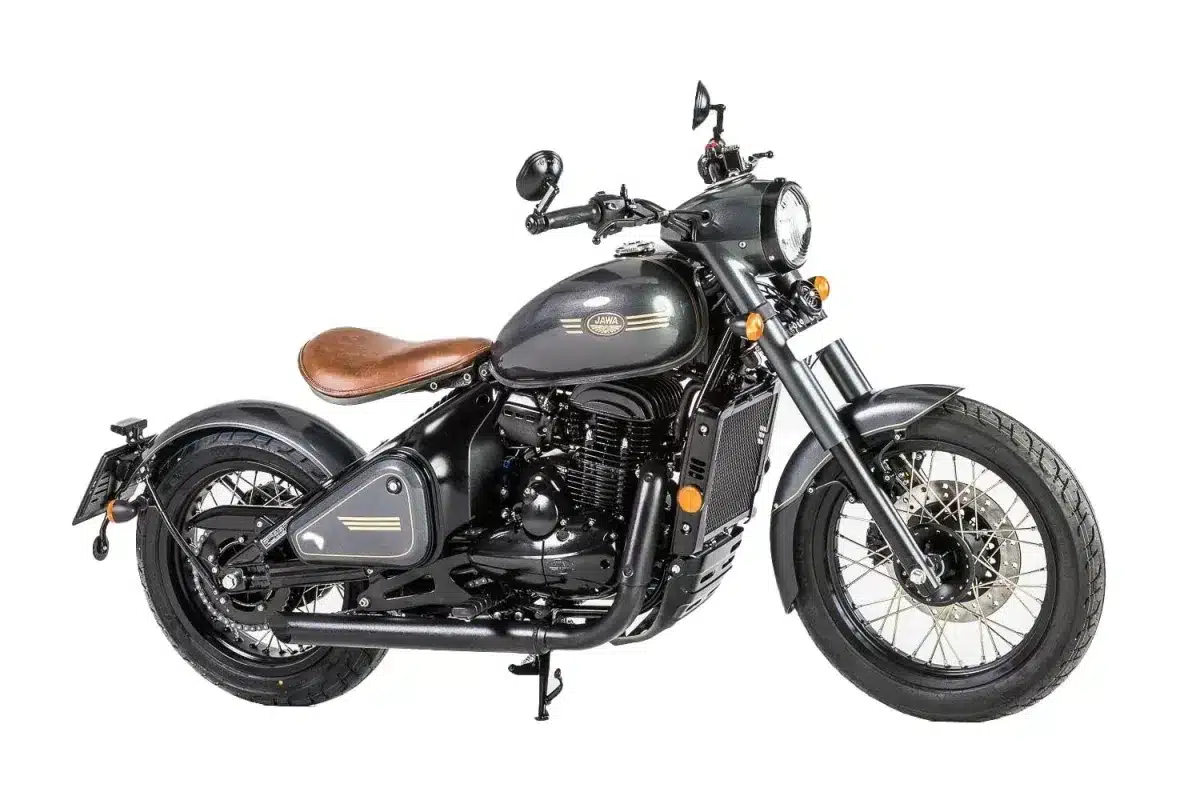 Jawa 350 CL Perak Motorrad in Seitenansicht mit braunem Einzelsitz und schwarzem Rahmen