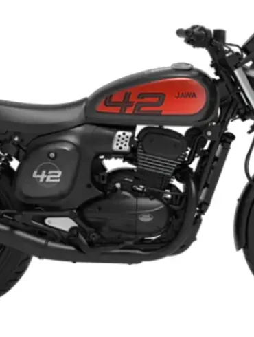 Jawa 42 FJ Motorrad Seitenansicht in Schwarz-Rot