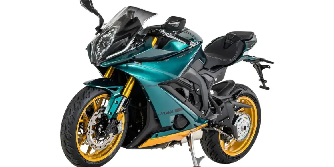 JAWA JD 750 Racing Supersport-Motorrad mit Verkleidung und goldfarbenen Leichtmetallrädern