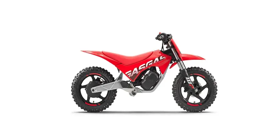 Kinder-E-Motorrad GASGAS MC-E 2 2025 von GASGAS, rote Ausführung, Seitenansicht auf weißem Hintergrund.