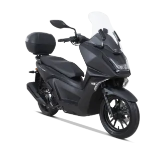 KYMCO Sky Town 125i ABS in dunkler Lackierung mit Topcase und Windschild, seitliche Frontansicht