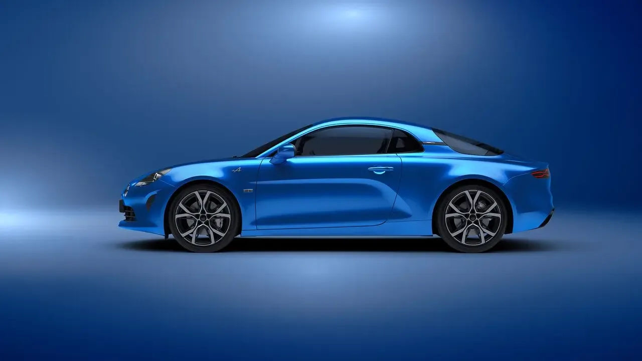 Alpine A110 Coupé in auffälligem Blau vor blauem Hintergrund, Seitenansicht.