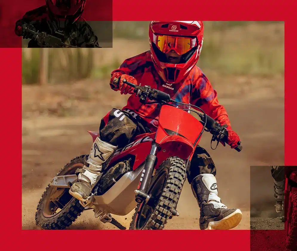 Junger Fahrer auf rotem GASGAS MC-E 2 Elektromotocross-Motorrad in Action