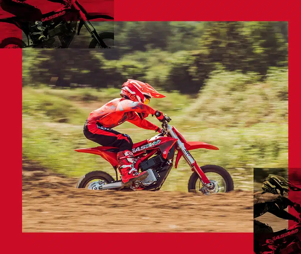 Kind fährt mit der GASGAS MC-E 5 2025 Elektro-Motocross-Maschine auf einer Offroad-Strecke