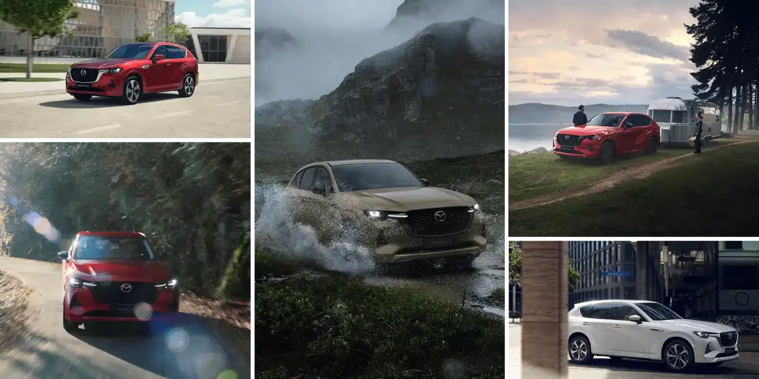 Verschiedene Mazda CX-60 Modelle in urbanen, ländlichen und naturbelassenen Umgebungen