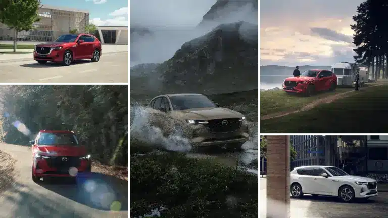 Verschiedene Mazda CX-60 Modelle in urbanen, ländlichen und naturbelassenen Umgebungen