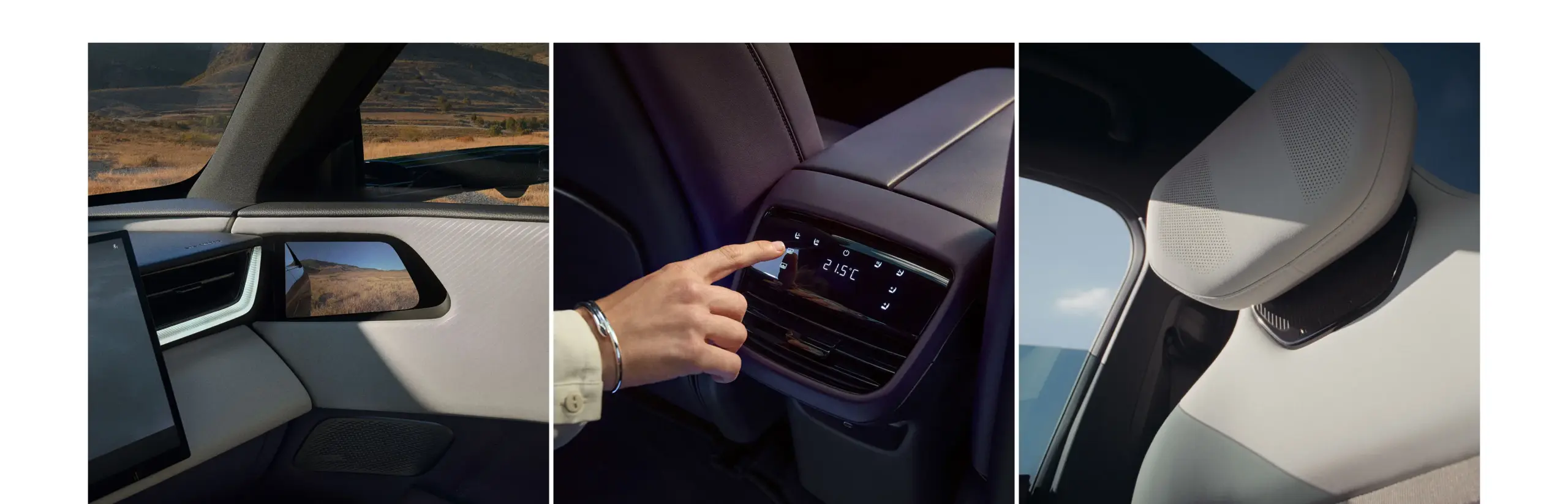 Innenraumausstattung des Mazda CX-6e mit Kamera-Display, hinterem Touch-Bedienfeld und Lautsprecher im Kopfbereich.