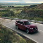 Mazda CX-80 in Rot fährt auf einer Landstraße durch hügelige Landschaft