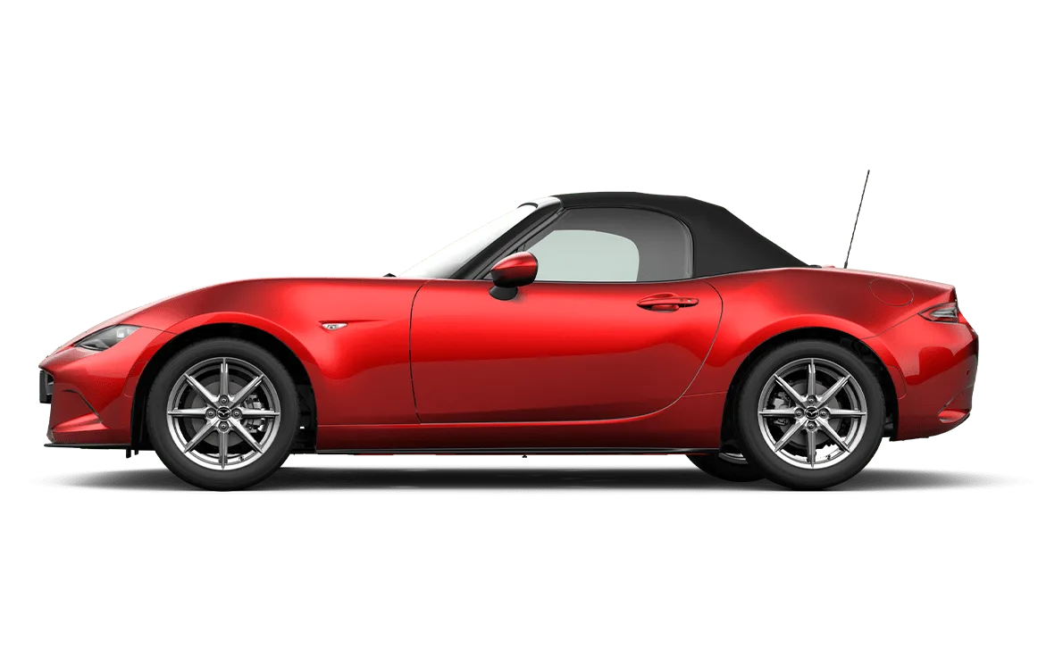 Rote Seitenansicht eines Mazda MX-5 2024 mit schwarzem Stoffverdeck