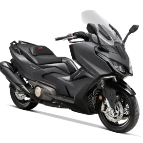 KYMCO AK 575i ABS Premium Maxi-Scooter in mattem Schwarz, seitliche Ansicht auf weißem Hintergrund.